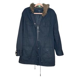 Torrid Black Coat/ Jacket With Drawstring Waist Fuzzy Faux Fur Lined Hood Size 1